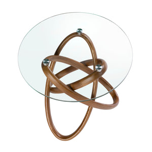 Round side table in tempered glass and walnut