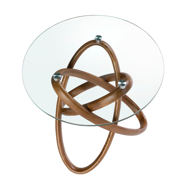 Round side table in tempered glass and walnut