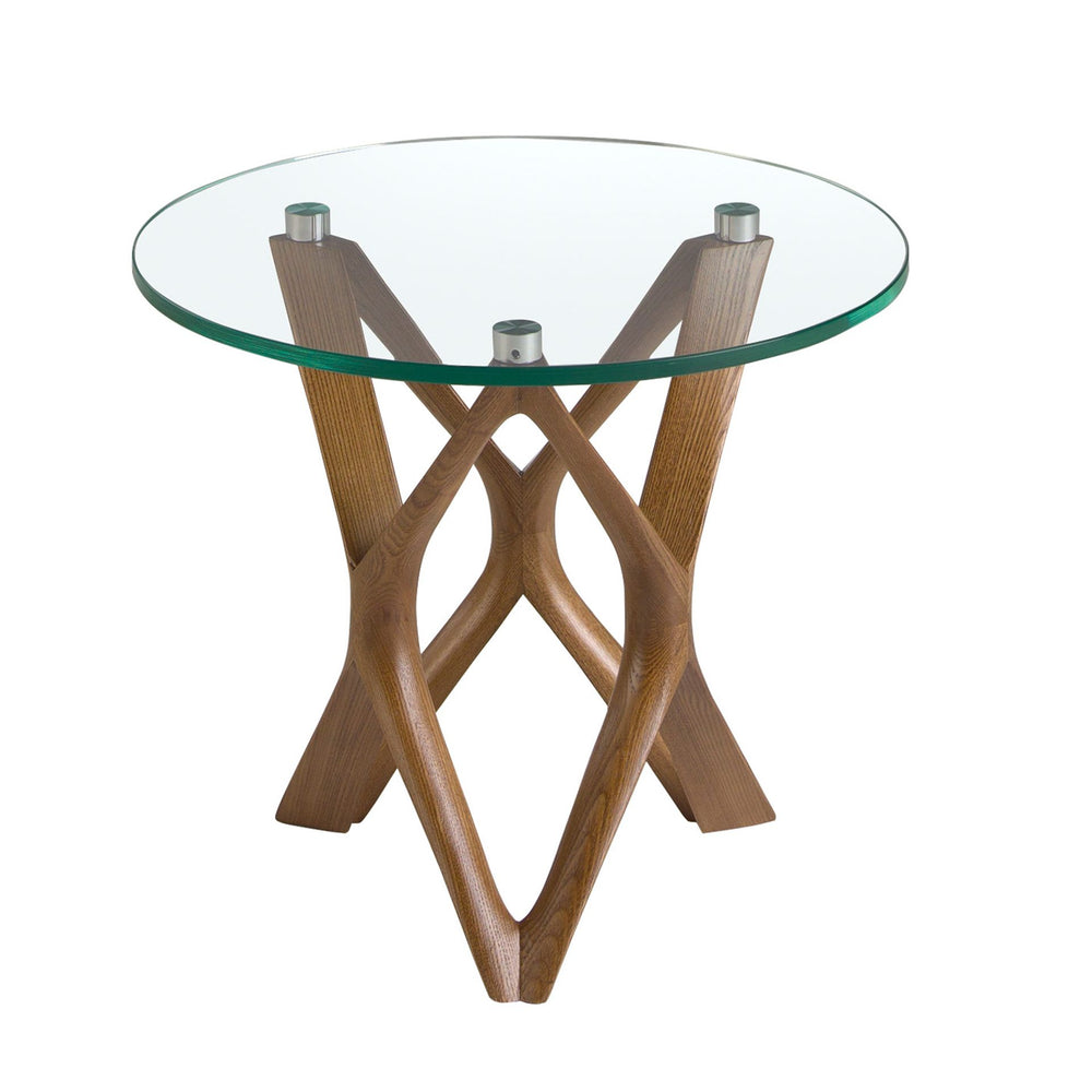 Round side table in tempered glass and walnut