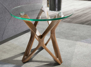 Round side table in tempered glass and walnut