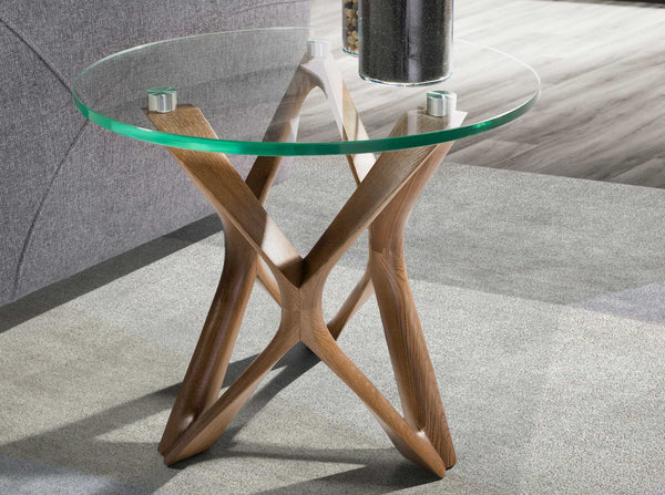 Round side table in tempered glass and walnut