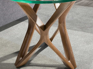 Round side table in tempered glass and walnut