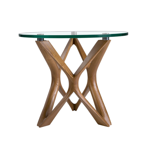 Round side table in tempered glass and walnut