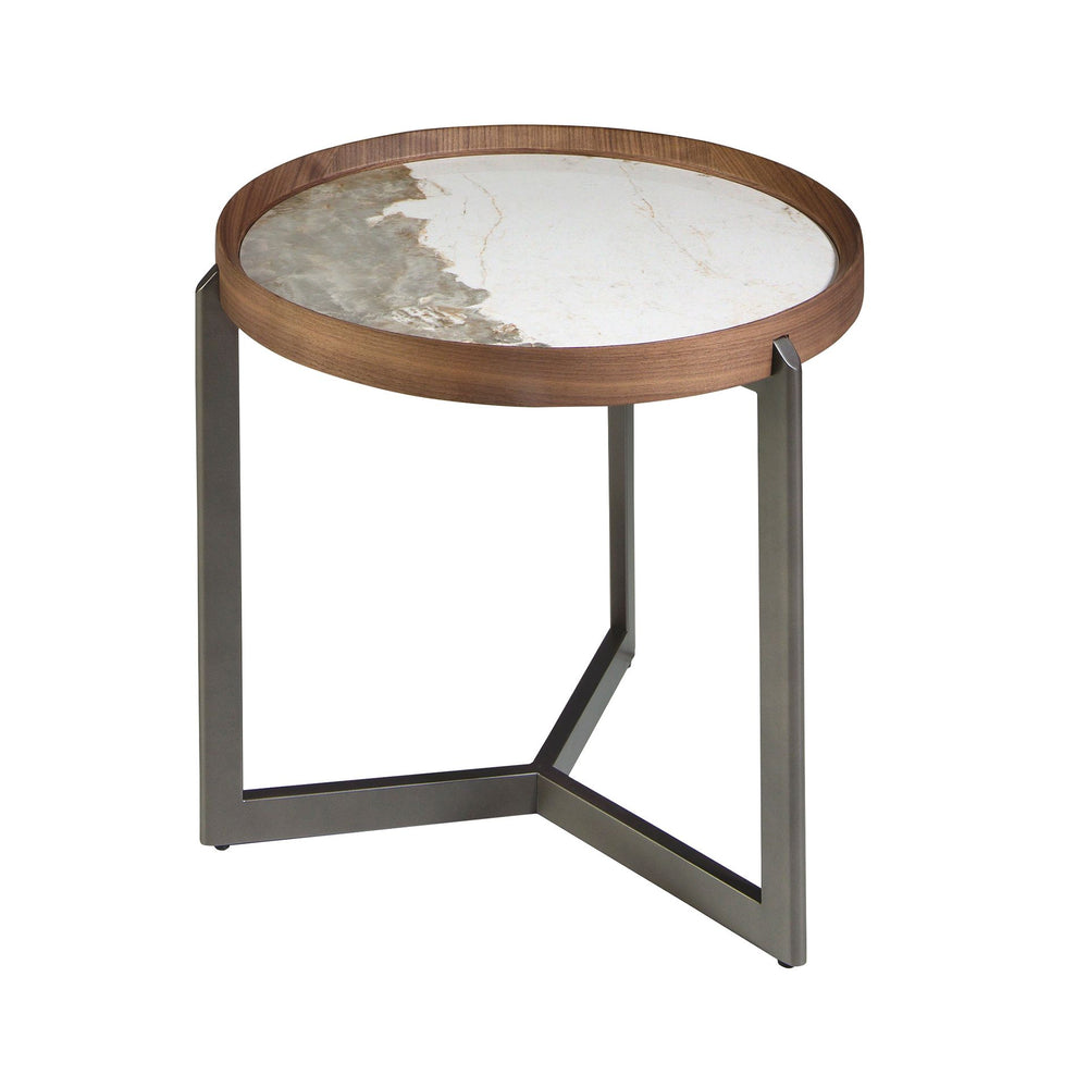 Round coffee table in porcelain marble, walnut and dark metallic steel
