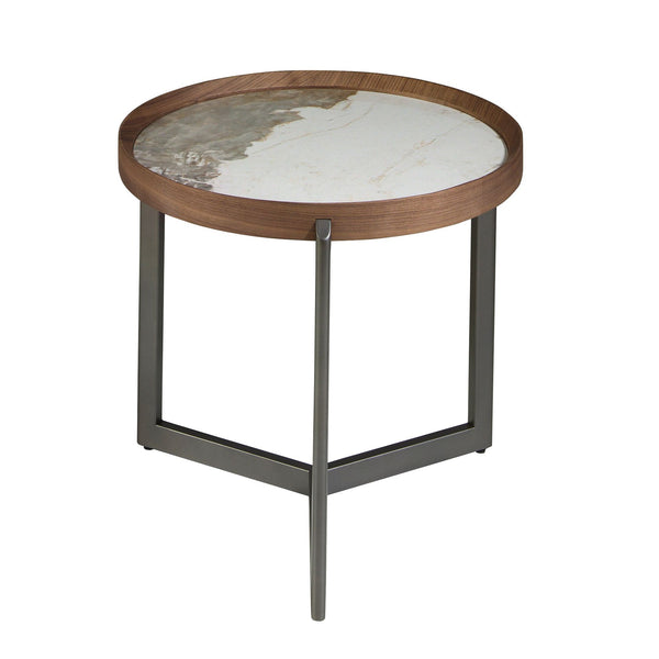 Round coffee table in porcelain marble, walnut and dark metallic steel