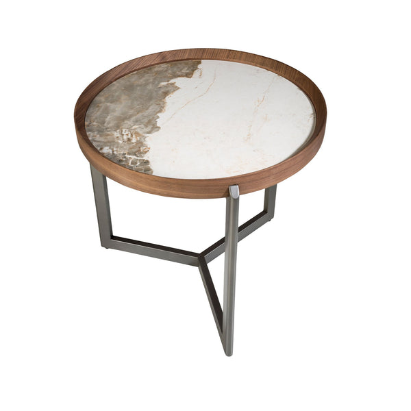 Round coffee table in porcelain marble, walnut and dark metallic steel