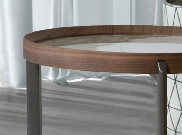 Round coffee table in porcelain marble, walnut and dark metallic steel