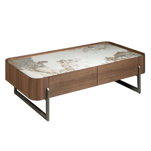 Rectangular coffee table in porcelain marble, walnut and dark metallic steel