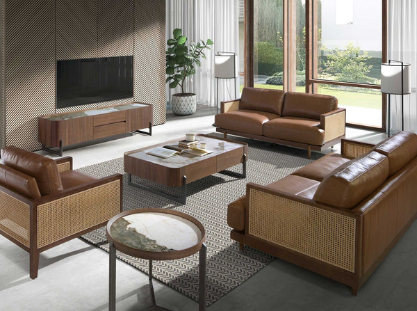 Rectangular coffee table in porcelain marble, walnut and dark metallic steel
