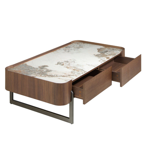 Rectangular coffee table in porcelain marble, walnut and dark metallic steel L140