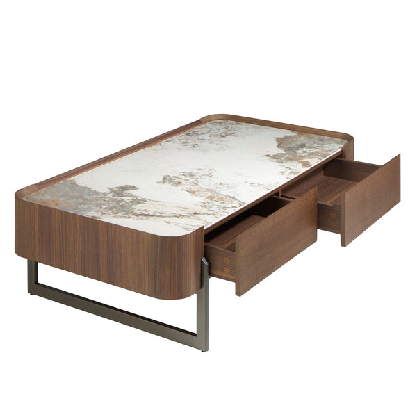 Rectangular coffee table in porcelain marble, walnut and dark metallic steel