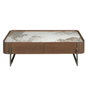 Rectangular coffee table in porcelain marble, walnut and dark metallic steel