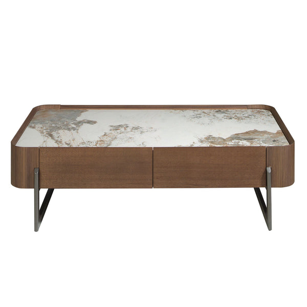 Rectangular coffee table in porcelain marble, walnut and dark metallic steel
