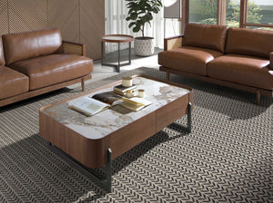 Rectangular coffee table in porcelain marble, walnut and dark metallic steel
