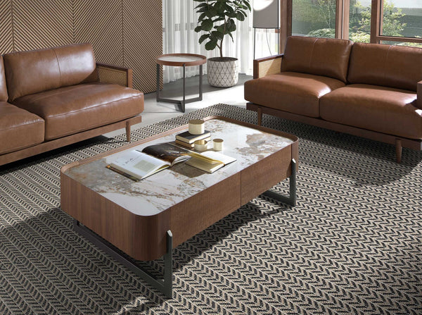 Rectangular coffee table in porcelain marble, walnut and dark metallic steel
