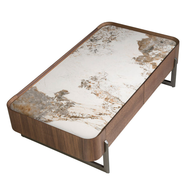 Rectangular coffee table in porcelain marble, walnut and dark metallic steel