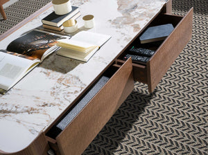 Rectangular coffee table in porcelain marble, walnut and dark metallic steel