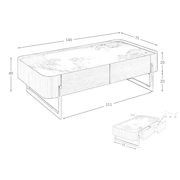 Rectangular coffee table in porcelain marble, walnut and dark metallic steel