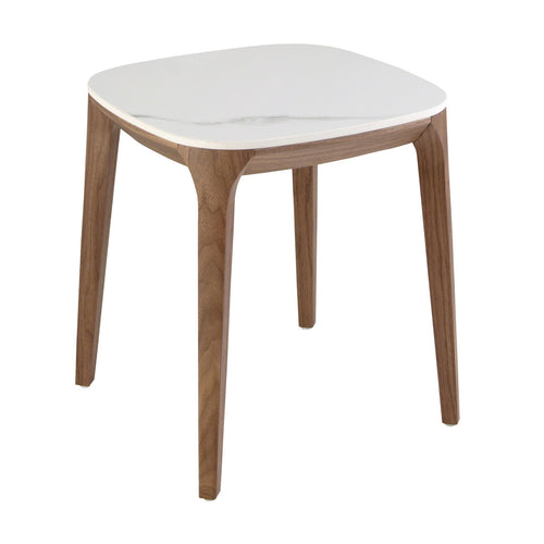 Square side table in porcelain marble and walnut