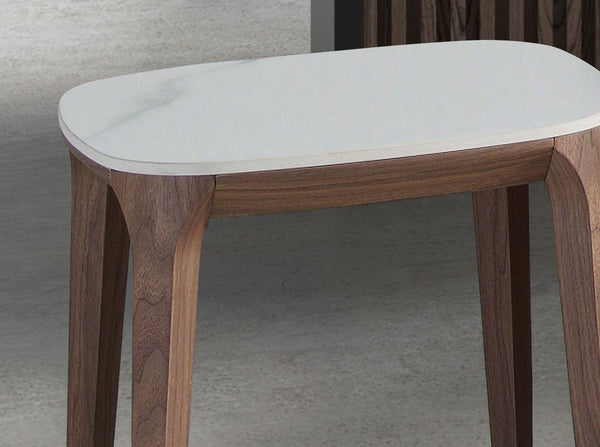 Square side table in porcelain marble and walnut