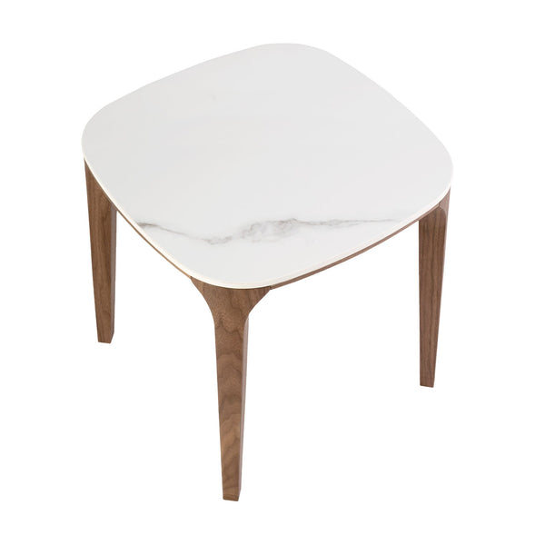 Square side table in porcelain marble and walnut