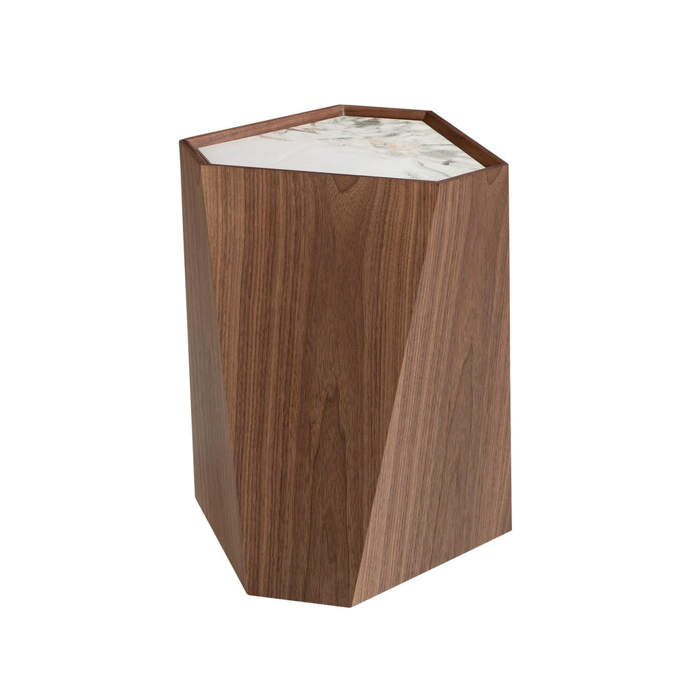 Triangular corner table in porcelain marble and walnut