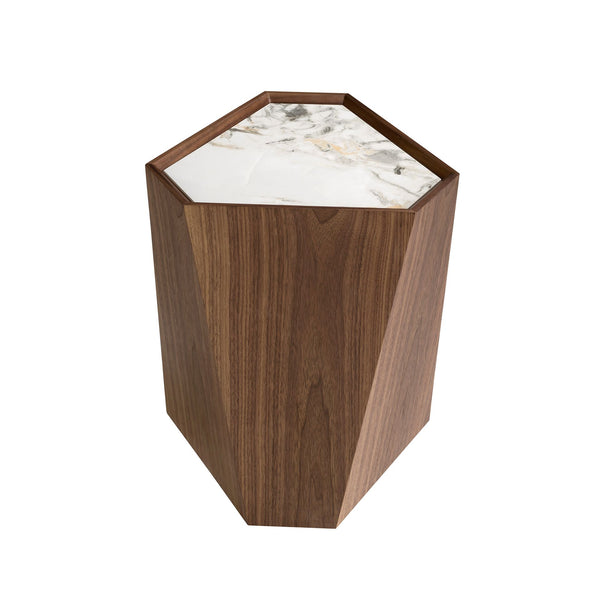 Triangular corner table in porcelain marble and walnut