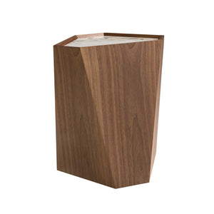 Triangular corner table in porcelain marble and walnut