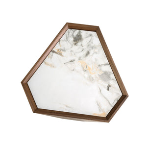 Triangular corner table in porcelain marble and walnut