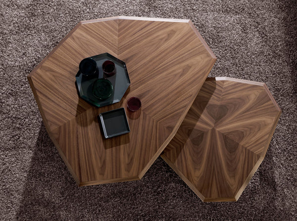 Asymmetrical coffee table in walnut and black PVC