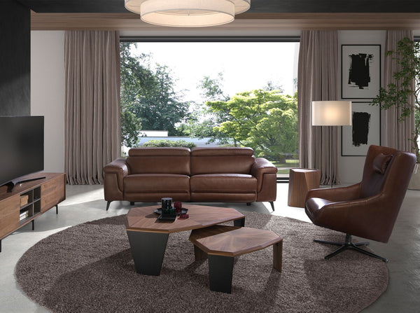 Asymmetrical coffee table in walnut and black PVC