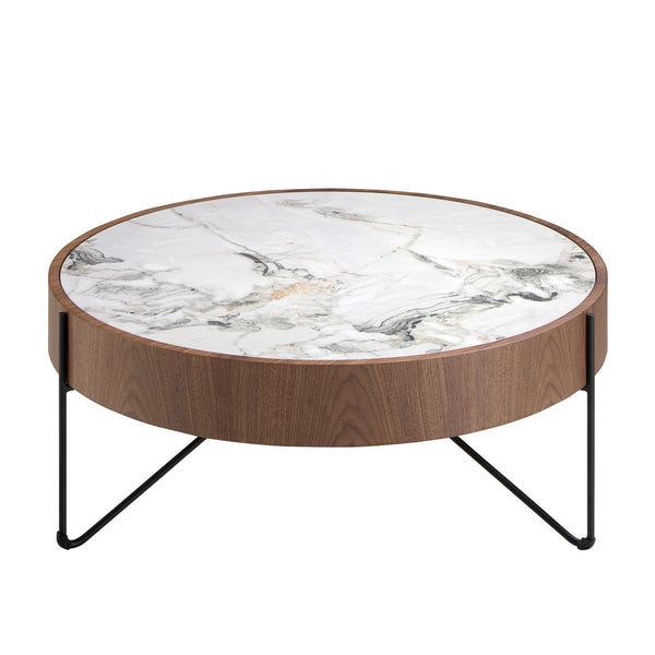 Round coffee table in porcelain marble, walnut and black steel D81