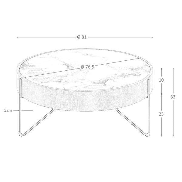 Round coffee table in porcelain marble, walnut and black steel