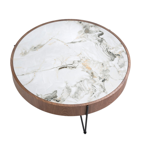 Round coffee table in porcelain marble, walnut and black steel