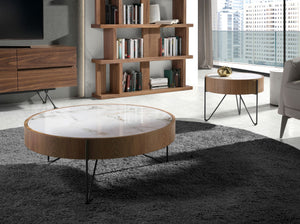 Round coffee table in porcelain marble, walnut and black steel