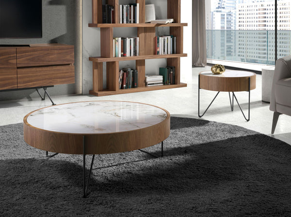 Round coffee table in porcelain marble, walnut and black steel