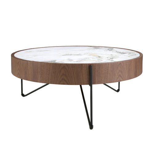 Round coffee table in porcelain marble, walnut and black steel D81