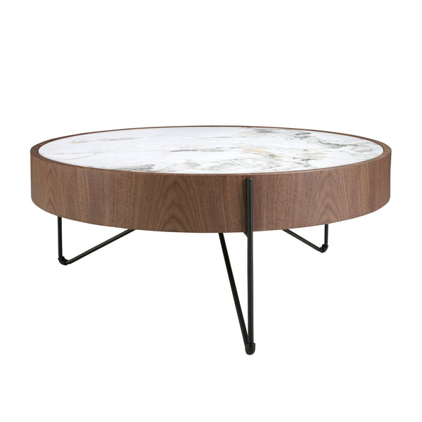 Round coffee table in porcelain marble, walnut and black steel