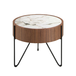 Round corner table in porcelain marble, walnut and black steel