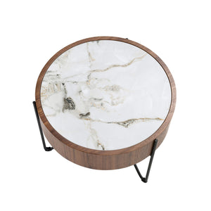 Round corner table in porcelain marble, walnut and black steel