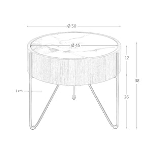 Round corner table in porcelain marble, walnut and black steel