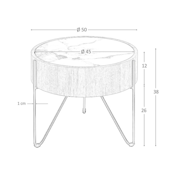 Round corner table in porcelain marble, walnut and black steel