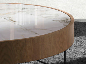 Round corner table in porcelain marble, walnut and black steel