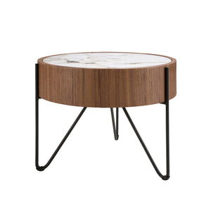 Round corner table in porcelain marble, walnut and black steel