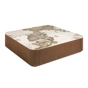 Square coffee table in porcelain, marble and walnut