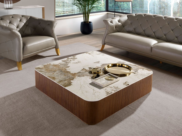 Square coffee table in porcelain, marble and walnut
