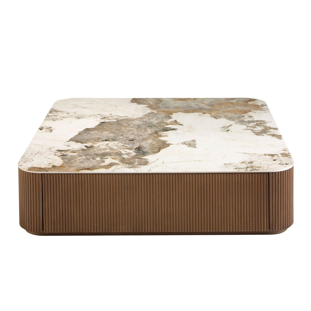 Square coffee table in porcelain, marble and walnut