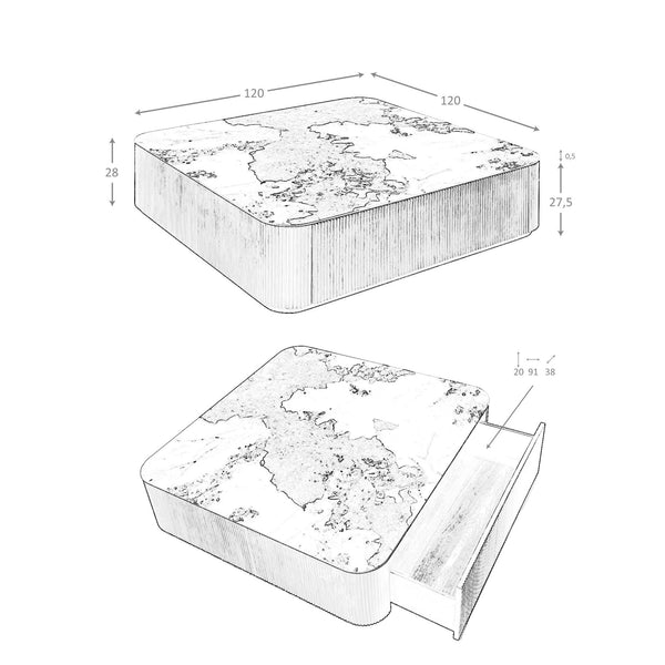 Square coffee table in porcelain, marble and walnut