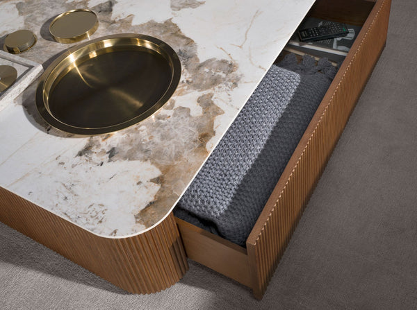 Square coffee table in porcelain, marble and walnut