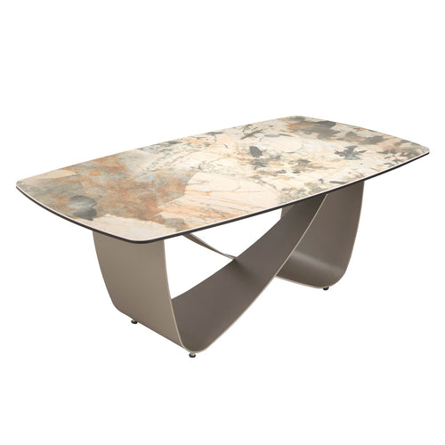Oval coffee table with porcelain marble and taupe metallic steel barrel